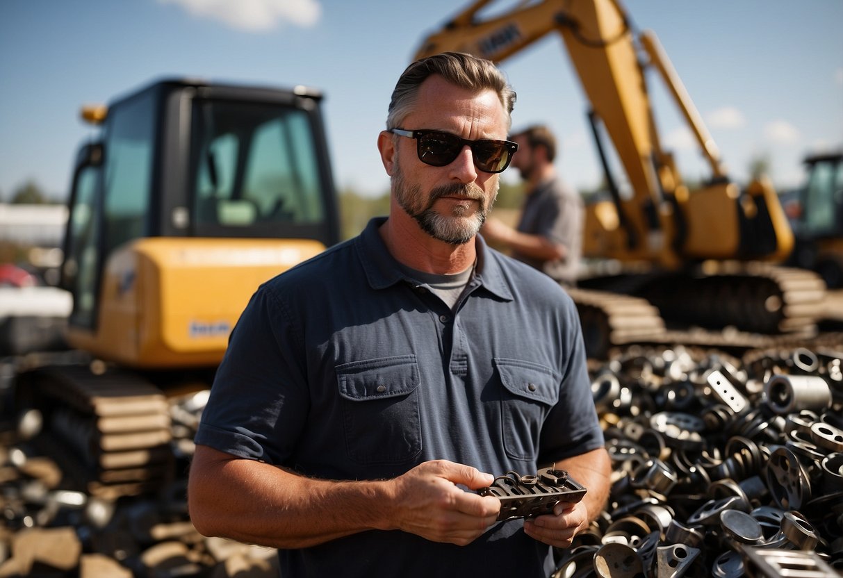 A mechanic inspecting a pile of used excavator parts, checking for wear and tear, rust, and damage. A toolbox and flashlight nearby for examination