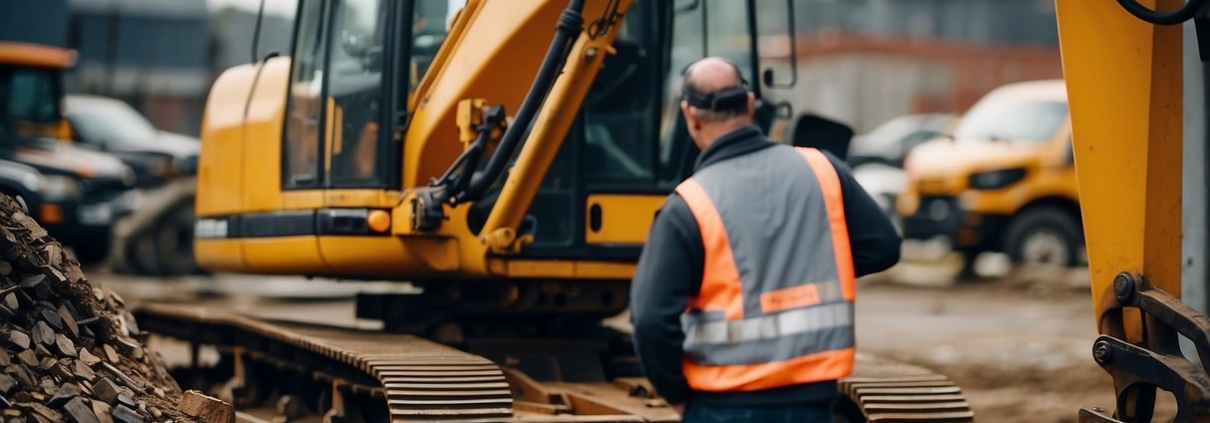 An excavator parked in a lot, surrounded by various used parts. A mechanic examines the machine, inspecting its condition and history for potential buyers