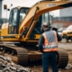 An excavator parked in a lot, surrounded by various used parts. A mechanic examines the machine, inspecting its condition and history for potential buyers