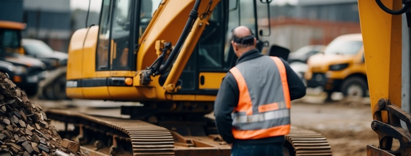 An excavator parked in a lot, surrounded by various used parts. A mechanic examines the machine, inspecting its condition and history for potential buyers