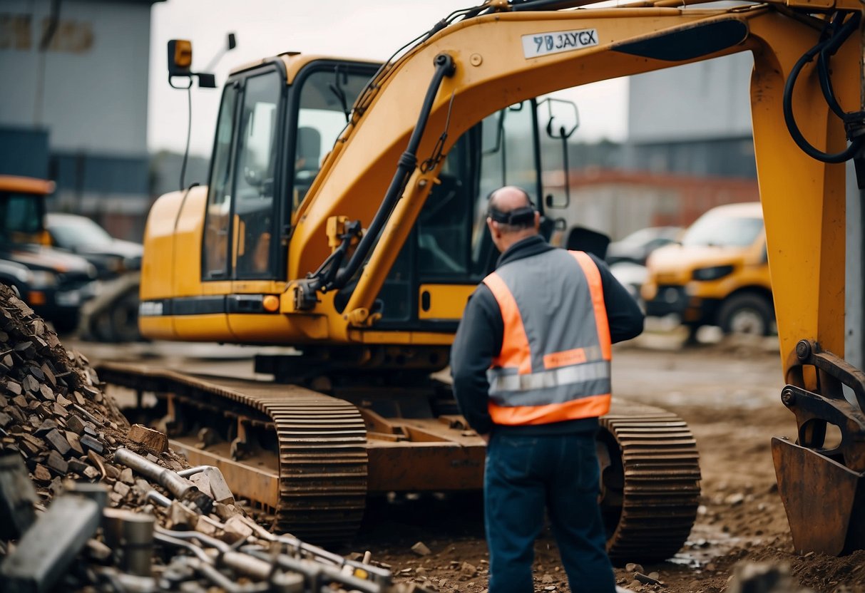 An excavator parked in a lot, surrounded by various used parts. A mechanic examines the machine, inspecting its condition and history for potential buyers