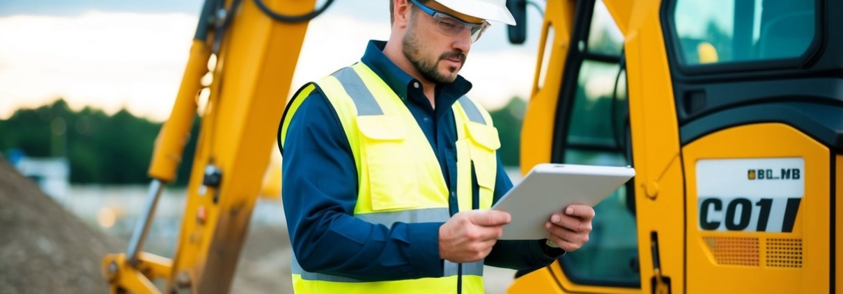 An excavator operator wearing a hard hat and reflective vest performs a pre-operation safety check on the equipment at a construction site