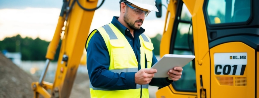 An excavator operator wearing a hard hat and reflective vest performs a pre-operation safety check on the equipment at a construction site