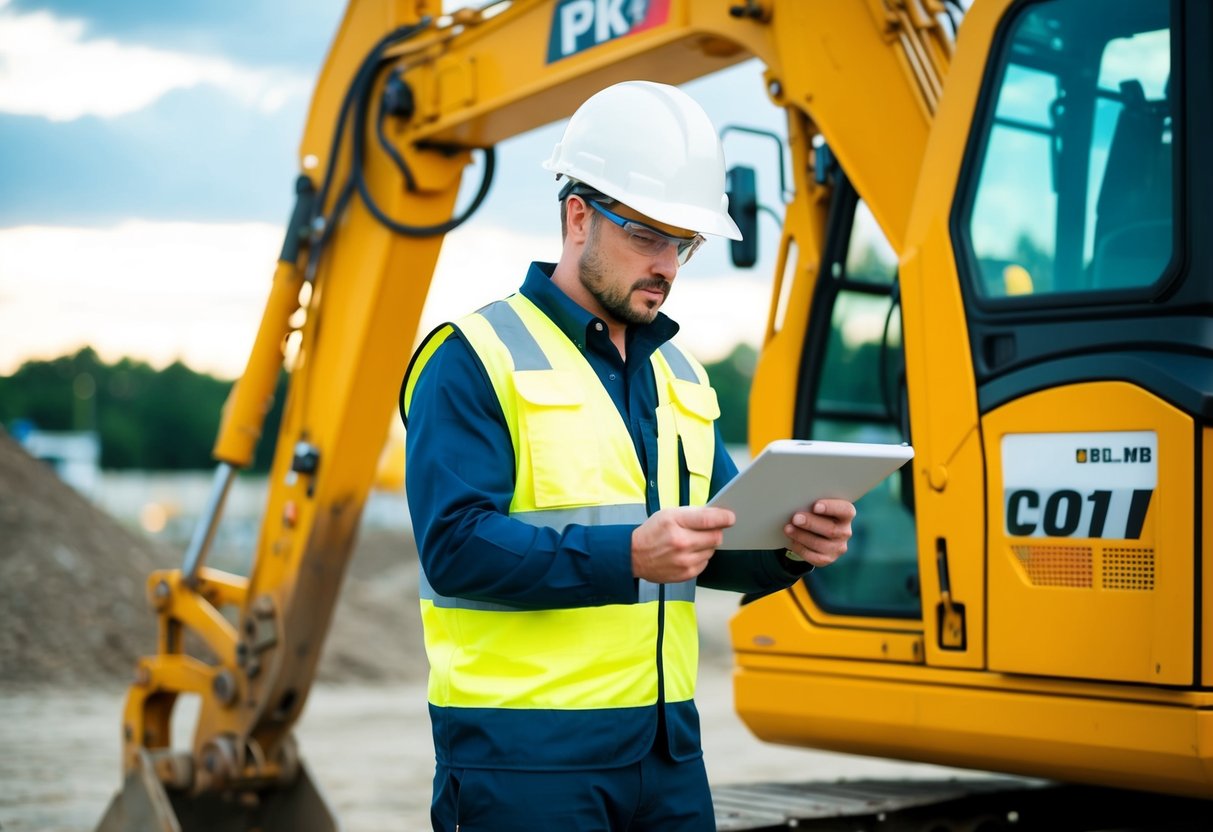 An excavator operator wearing a hard hat and reflective vest performs a pre-operation safety check on the equipment at a construction site