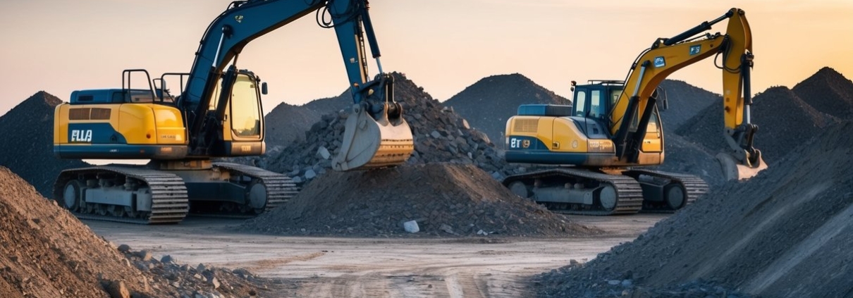 A construction site with a tracked and wheeled excavator side by side, surrounded by piles of dirt and rocks. The excavators are in the process of digging and moving materials