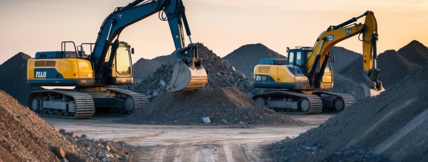 A construction site with a tracked and wheeled excavator side by side, surrounded by piles of dirt and rocks. The excavators are in the process of digging and moving materials