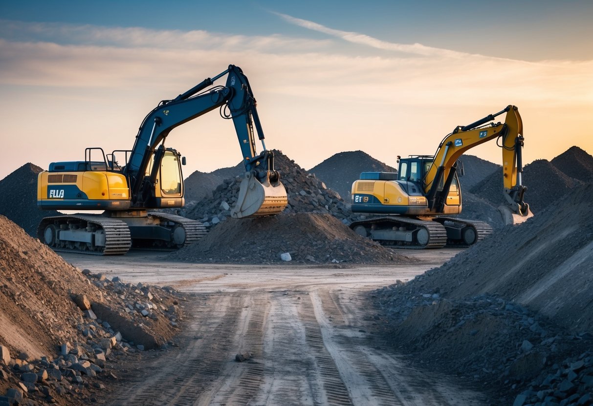 A construction site with a tracked and wheeled excavator side by side, surrounded by piles of dirt and rocks. The excavators are in the process of digging and moving materials