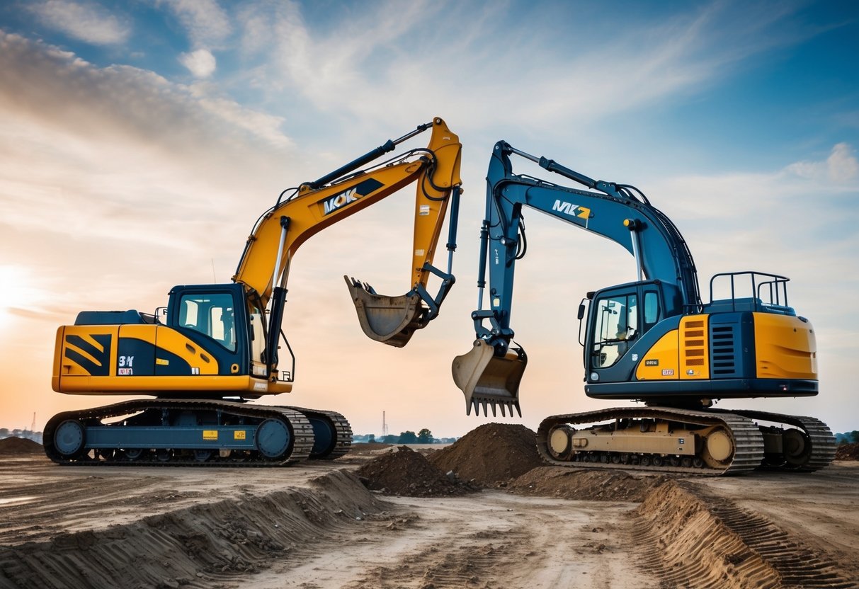 A tracked excavator and a wheeled excavator working side by side in a construction site, showcasing the differences in their design and functionality